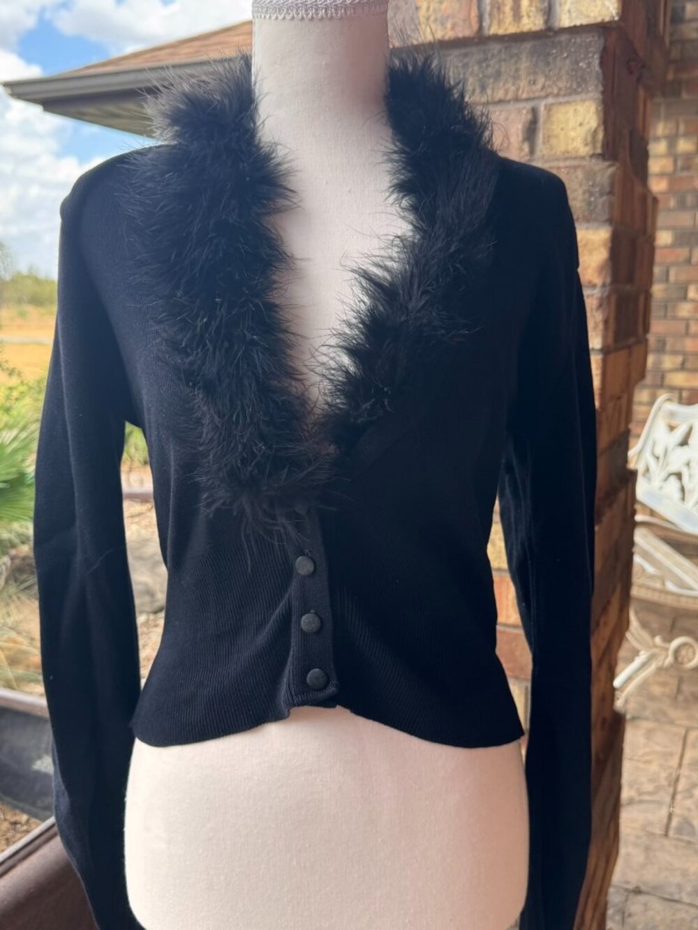 Frederick's of Hollywood black cardigan with faux (?) fur collar; Small, Vintage